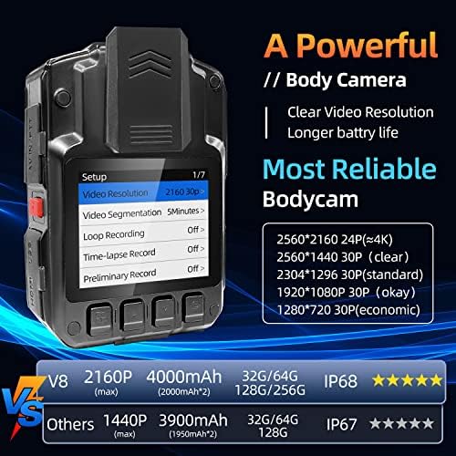 Cammhd V8-32GB Камера на телото и магнетна монтажа 1440p, 2 батерии кои работат 10 часа, IP68 телесна камера со аудио и снимање