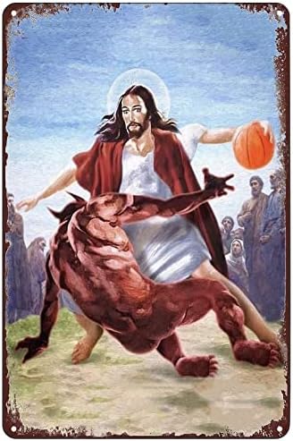 Гроздобер метален калај знак - Исус против Сатана во кошаркарски постер смешни знаци wallидна уметност декор плакета за дома бар паб