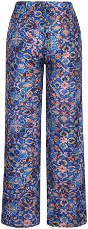 Капри панталони за жени обични памучни постелнини панталони лабава еластична половината панталони Бохо цветни широки нозе исечени панталони