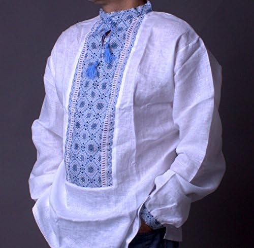 ВИШИВАНКА МЕНКИ Украински везена кошула бела постелнина светло сина вез за вкрстено бод Славенски големина XL