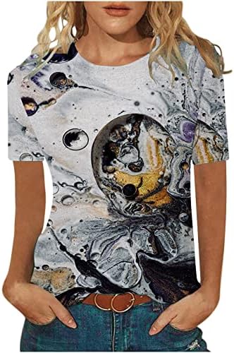 Летни врвови за жени естетски каузални маици 2023 фустани трендовски туника маичка мермер вратоврска кошули за бои лабави блузи