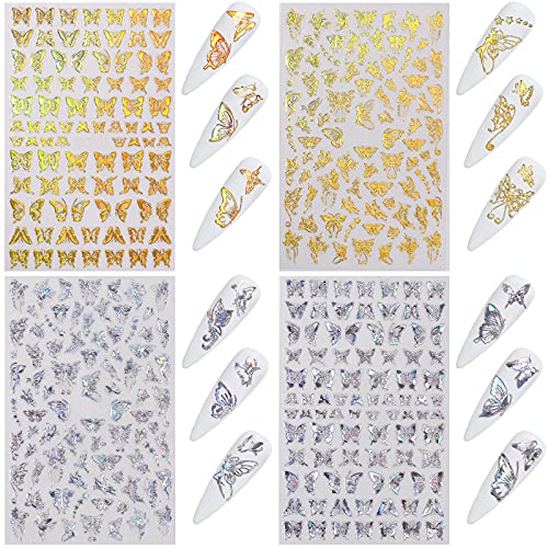 Налепници за уметност од пеперутка за нокти, ласерски сребрени пеперутки за нокти, дизајн на уметности, дизајн на 3Д луксузни пеперутки за само-лепење