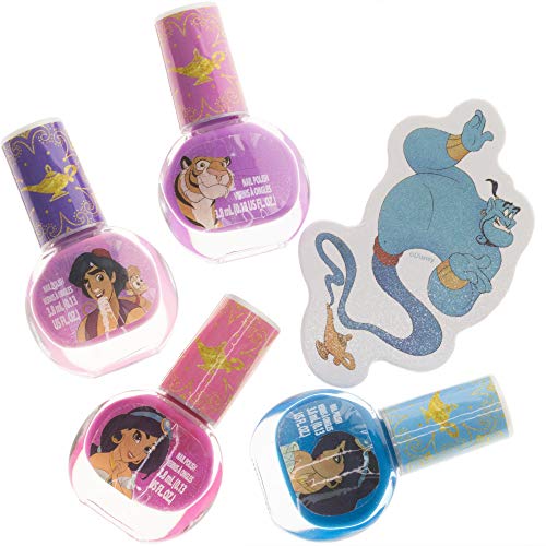Девојка Таунли Дизни Аладин нетоксичен лак за нокти Постави со датотека за нокти и сјајна торба за девојчиња, непроирни бои, на возраст од