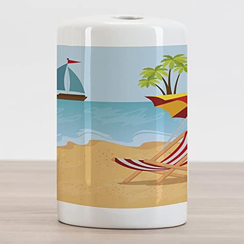 Амбесон Графички плажа Керамички држач за четки за заби, летна сцена за слободно време на крајбрежниот океан, едриличар и стил на