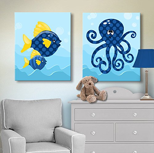 Декории за момчиња и девојчиња платно за расадници - симпатична океанска риба и октопод уметнички подароци - одлични подароци за туш за бебиња