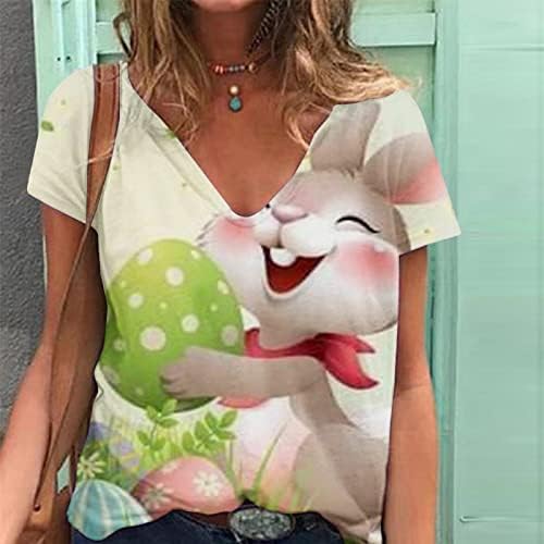 Смешни велигденски кошули за жени 2023 празнична блуза 3Д печатење симпатична кошула за зајаче лето екипаж за кратки ракави за кратки ракави