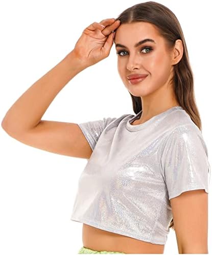 Acsuss жени сјајни метални шорцеви за ракави за танцување на врвови на хип-хоп улична маица перформанси танцувачка облека