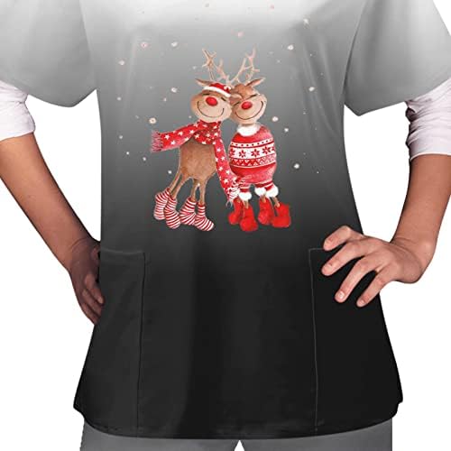 Scrub_tops за жени со краток ракав тркалезен врат пуловер Работен униформа Божиќ печатени џебови блуза Туника