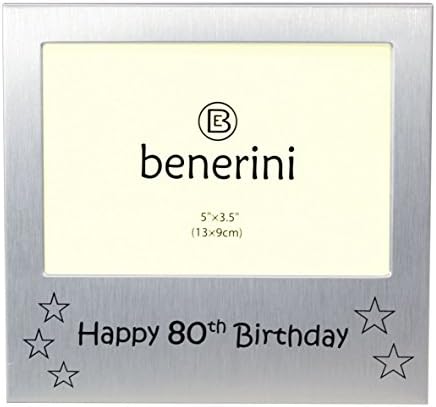 Бенерини Среќен 80 -ти роденден - Подарок за фото рамка - Големина на фотографија 5 x 3,5 инчи - четкана алуминиумска сатен сребрена боја.