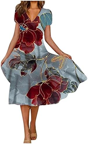 Летни фустани за жени плус големина обичен цветен краток ракав против вратот Фустан мода линија за замав проток миди фустан