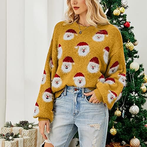 Божиќни џемпери за жени симпатична Божиќ Дедо Мраз плетаат пулвер празник пријатни џемпери со екипаж џемпери врвови на врвови