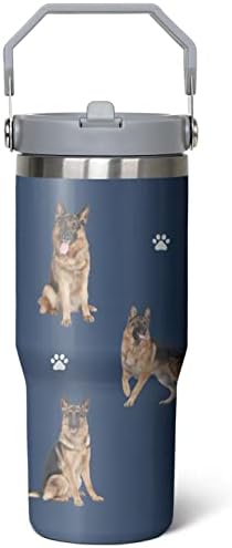 Субвиз Германски овчар за кучиња шише со шише со вода, не'рѓосувачки челик изолирани чаши за кафе со капак и слама, 30 мл