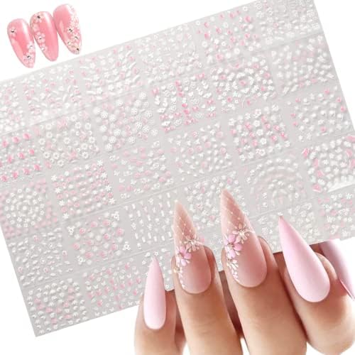 Цветни нокти налепници за уметност Декларации 3Д само лепило цветници на ноктите, розови романтични цреши цвет, бел цвет дизајн
