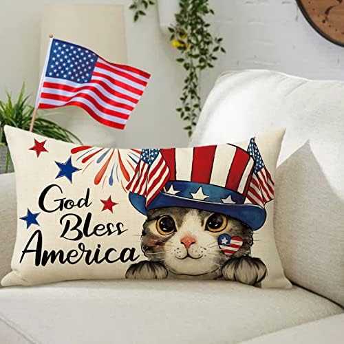 Фарендом 4 јули Американско Знаме Патриотска Мачка Лумбален Декоративен Правоаголник Навлака За Перница 12х20, Бог Да Ја Благослови Америка Трем