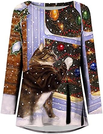 Женски врвови за туника Божиќ, симпатична мачка графичка обична лабава лабава лабава долга ракав, тркалезен пулвер, џемпер, маичка со маички