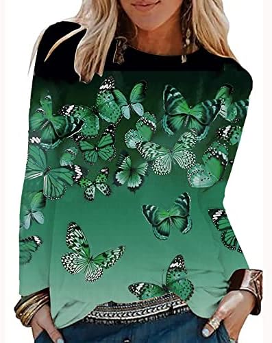 Женски блузи мода 2022 година со долги ракави екипаж блузи на вратот на вратот лабави обични цветни печатени врвови и маици