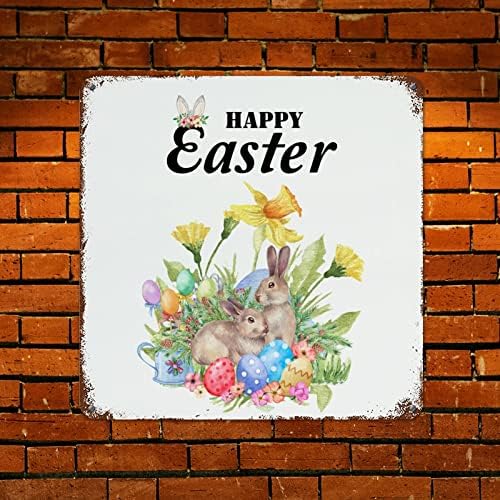 Woguangis среќен велигденски зајаче венец ушен wallид декор метал знак фарма куќа пролет декор Велигден рустикален гроздобер тремот