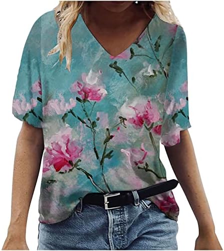 Women'sенски V-врат со кратки ракави врвови летни кошули маички кошула со повеќе болни цвеќиња маичка маичка маичка драпени блузи
