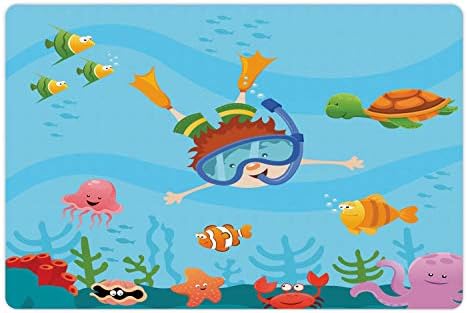 Амбесон Морски Миленичиња Мат За Храна И Вода, Момче Нуркање И Истражување На Подводна Среќа Летен Цртан Лик Од Морска Школка, Правоаголна