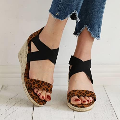 Клин -сандали за жени летни риби чевли за уста, чипкајте леопард образец платформа високи потпетици луксузен елегантна сандала