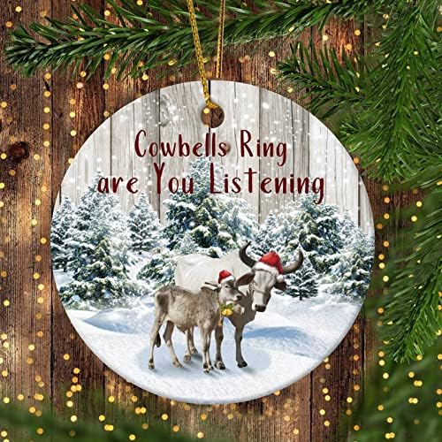 Тркалезен керамички Божиќен украс крави sвона прстен Дали слушате декоративни Божиќ што висат украс Персонализиран бел керамички украс за