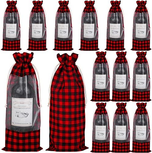 Миминд 12 пакувања Божиќни кеси за вино со чиста прозорец црвена и црна биволска карирана торба за подароци за вино со влечење