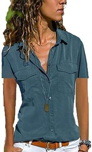 Копче за женски кошули со блузи со кратки ракави со кратки ракави со кратки ракави против вратот со џебови со џебови со џебови