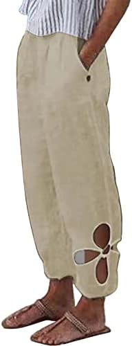Етики за женски хеланки Капри Палацо со висока половината обична исечена памучна постелнина панталони со џебови деловни панталони
