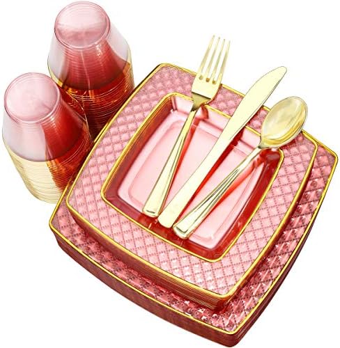 Нервен 150 парчиња розови пластични плочи - розови златни плоштади пластични плочи вклучуваат 50 пластични плочи, 25 чаши, 25 вилушки, 25 ножеви,