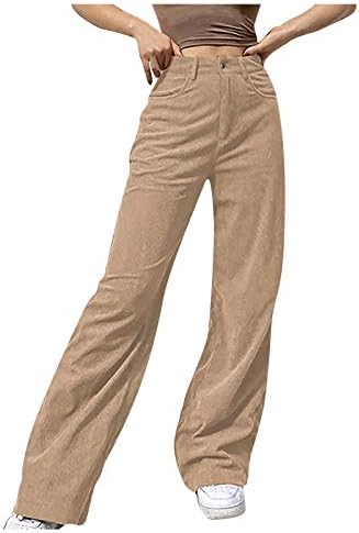 Панталони со кордори за жени со висок половината цврста гроздобер права нозе, буги панталони, обични панталони од пот