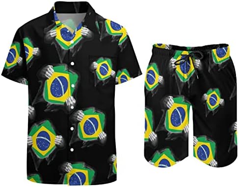 Бразилско знаме горд машки хавајски кошули со кратки ракави со кратки ракави и панталони летни облеки на плажа лабаво вклопување