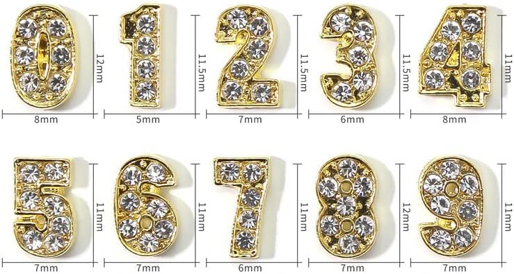 Алуминиумски броеви украси за уметност за нокти, цифри 0-9 дизајн на сјај за нокти, златен метал голем број нокти Rhinestone заштитени