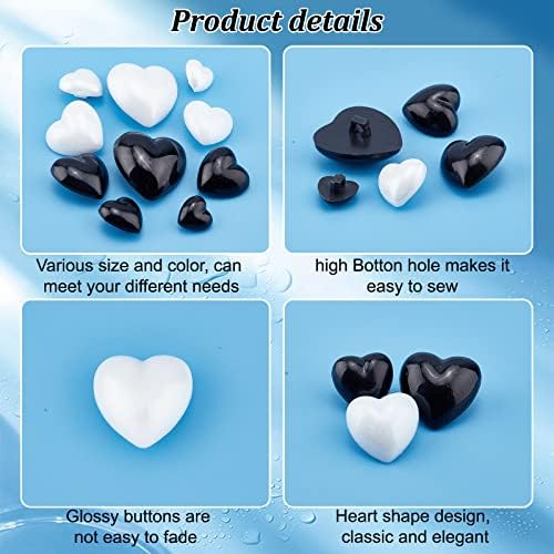 Ph pandahall 120pcs акрилни копчиња за шипки, 5 -големини црни бели копчиња за облик на срце, класични копчиња за шиење со шанк за жени облечени