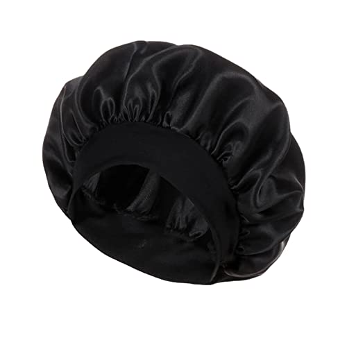 Сатенска хауба со широк еластичен мек бенд, свилен ноќен сон капа за коса за коса за жени девојки црна