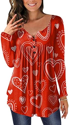 Женски врвови на в Valentубените се кријат маици со долги ракави со долги ракави, симпатична срцева течност Хенли маичка облечени