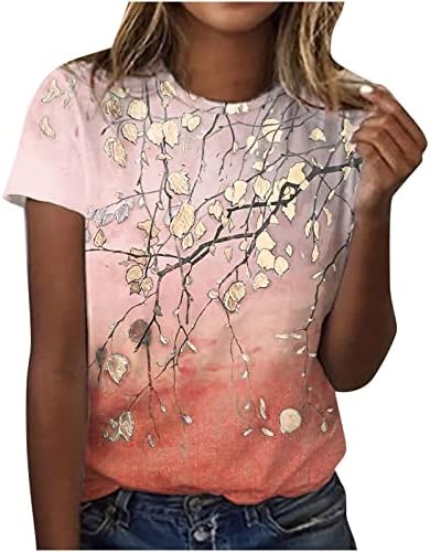 Летна есенска блуза маичка за дами со краток ракав памук екипаж на вратот на вратот графички печатење цветни салони TOP XL XL