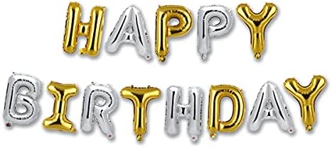Среќен роденден балон банер, 16 инчи микс злато и сребро среќен роденден знак за писмо, карактеристични разнобојни балони банер за роденденски