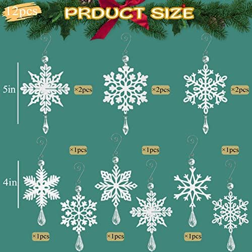 Божиќни украси за снегулка Декорации - 12 парчиња пластични сјајни декорации со бели снегулки со кристален приврзок и кука за украси