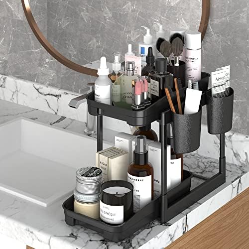 GKTG 2-ниво под организатор на мијалник со двојни лизгачки фиоки, куки, виси чаша и прилагодлива висина за складирање на бања и кујна