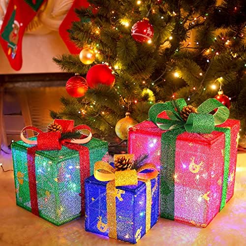 3 Шарени осветлени кутии за подароци Божиќни украси со лакови, сегашни кутии со 60 LED светло, украсен украс за Божиќни украси за дрво од тревници,