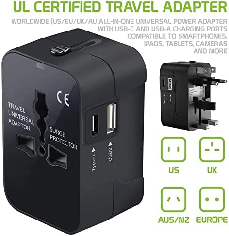 Travel USB Plus Меѓународен адаптер за напојување компатибилен со Samsung SM-G920p за светска моќ за 3 уреди USB Typec, USB-A за