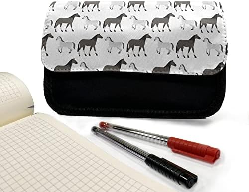 Зачудувачки кутија за молив за печатење животински, коњ и пони, торба со молив со ткаенини со двоен патент, 8,5 x 5,5, темно таупе бледо сиво