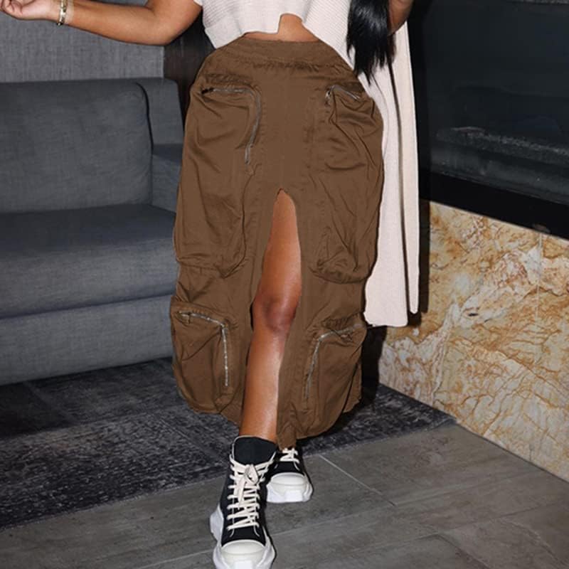 Мелифло женски патенти џебови со високи карго здолниште со еластично високо половично миди здолниште трендовски хипи улична облека