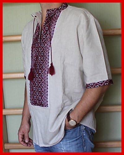 ВИШИВАНКА МЕНСКИ Украински везена кошула рачно изработена сива постелнина краток ракав XL