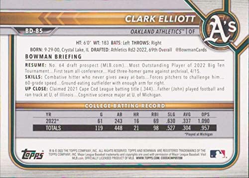 2022 Bowman Draft #BD-85 Clark Elliott RC Rackie Oakland Athletics Athletics Официјална картичка за тргување со бејзбол