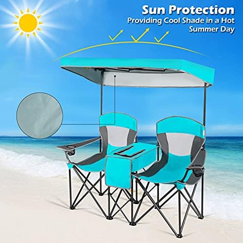 Goplus двоен плажа стол со крошна сенка, преклопување на столови за кампување со тревници со држач за пијалоци за сонце и мини табела