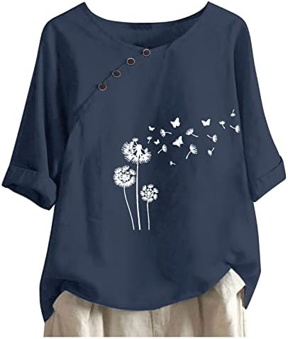 Lenенска кошула жени, гроздобер шема печатена 3/4 ракав О-врат лабава фитинг постелнина блузи маички за жени графички