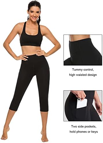 Pantsенски јога панталони Капри со џебови со џебови од суштинско значење за тренингот со високи половини за тренинг