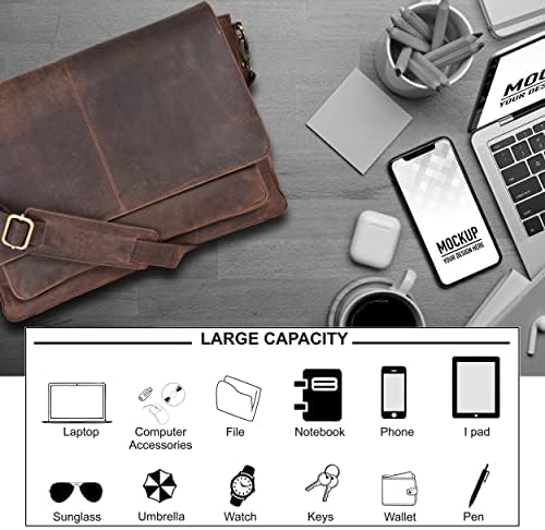 Вистинска торба за кожни месинџер за мажи и жени - торба за чанти за лаптоп за канцеларија, колеџ, прилагодлива салда за ленти