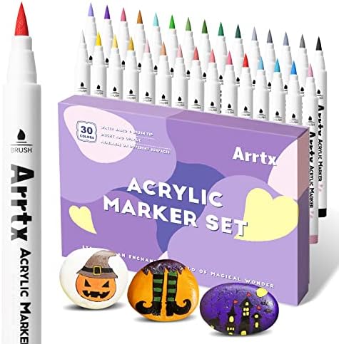 Пакет на Arrtx 30A и Arrtx акрилна боја пенкала 54 бои, врвот на четката и фино врвот, маркерите за боја за карпи, акрилно сликарство